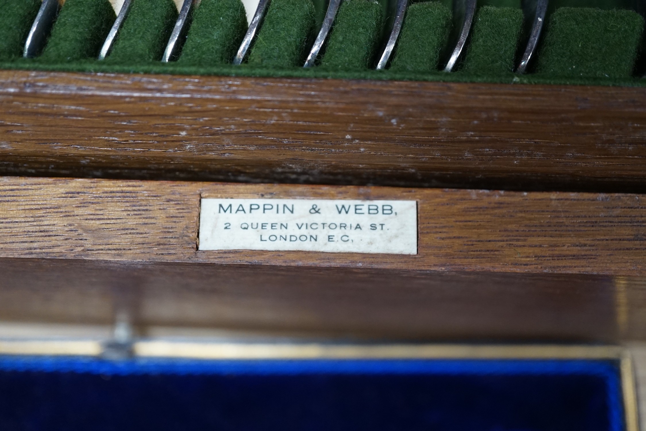 A Mappin & Webb canteen plated cutlery with ivorine inset, cased pair plated servers spoons and plated pint mug